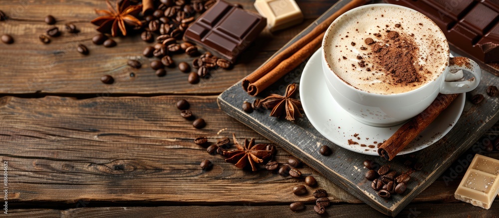 Poster latte cup with froth on a square saucer on a wooden table with cinnamon sticks, chocolate, and coffe
