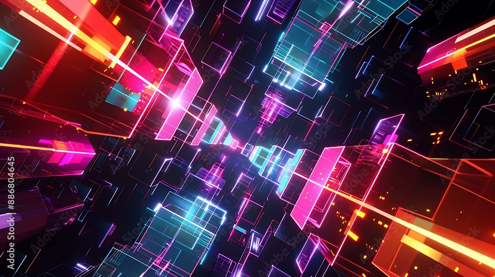 Poster A dynamic abstract artwork showcasing colorful neon geometric forms and illuminated structures in a digital cyberspace environment with a dark backdrop