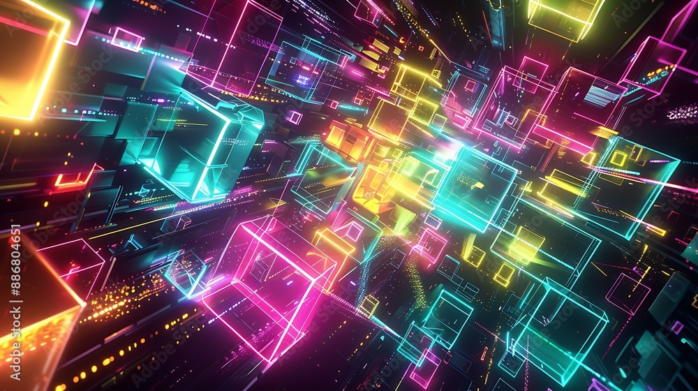 Poster A dynamic abstract artwork showcasing colorful neon geometric forms and illuminated structures in a digital cyberspace environment with a dark backdrop