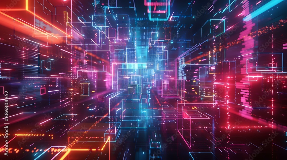 Poster A dynamic abstract artwork showcasing colorful neon geometric forms and illuminated structures in a digital cyberspace environment with a dark backdrop