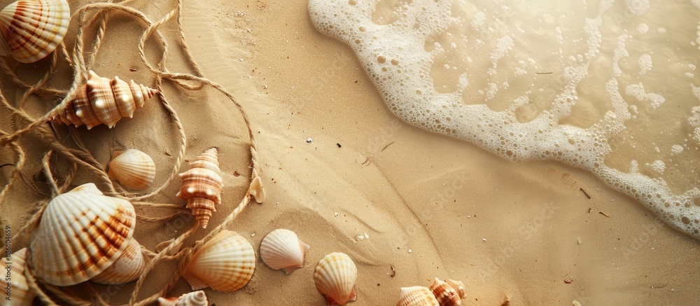 Poster a summer-themed scene featuring a sandy beach, seashells, and string, suitable for use as a backgrou