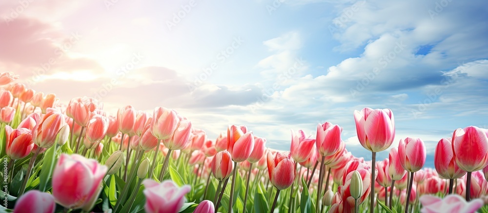 Poster Blooming spring flowers with a gorgeous fresh tulip in closeup view on a field, with copy space image available.