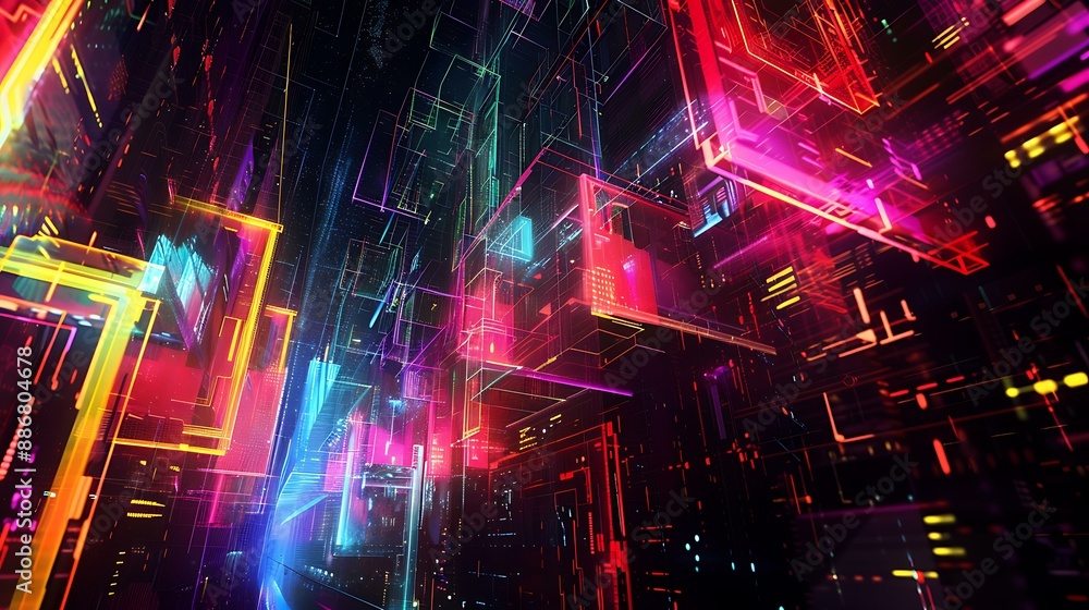 Poster A dynamic abstract artwork showcasing colorful neon geometric forms and illuminated structures in a digital cyberspace environment with a dark backdrop