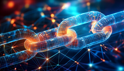 Abstract digital illustration of blockchain technology or cryptocurrency. Glowing chain structure connected to each other, representing security, data and connectivity.