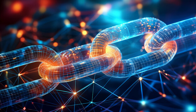 Abstract digital illustration of blockchain technology or cryptocurrency. Glowing chain structure connected to each other, representing security, data and connectivity.