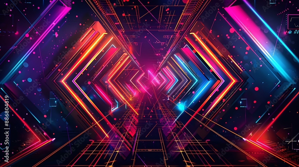 Poster a visually striking illustration of geometric patterns and structures in colorful neon lights, set a