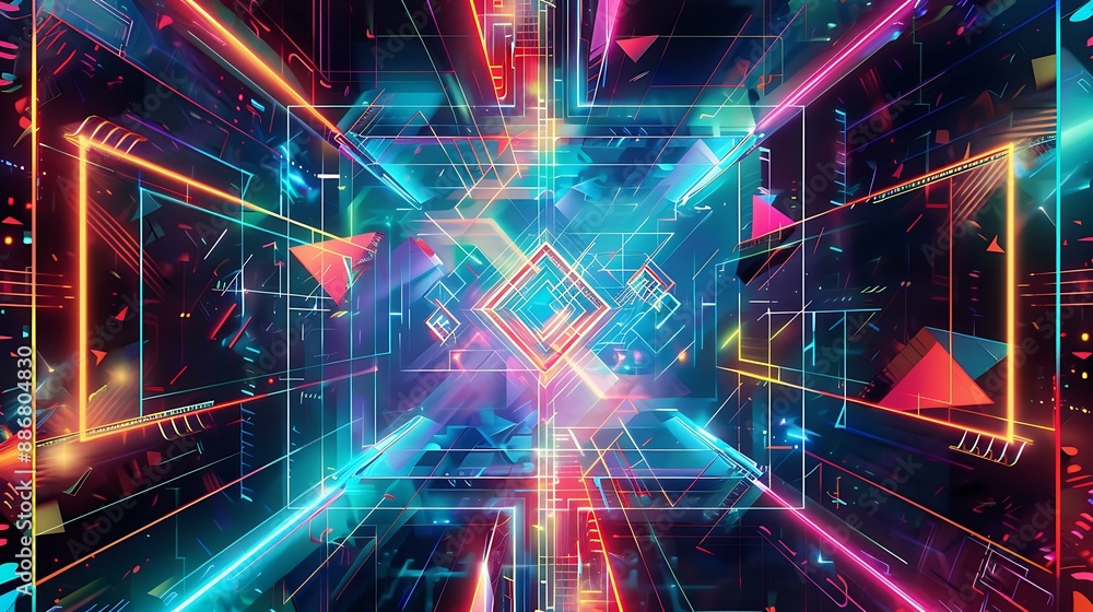 Poster a visually striking illustration of geometric patterns and structures in colorful neon lights, set a