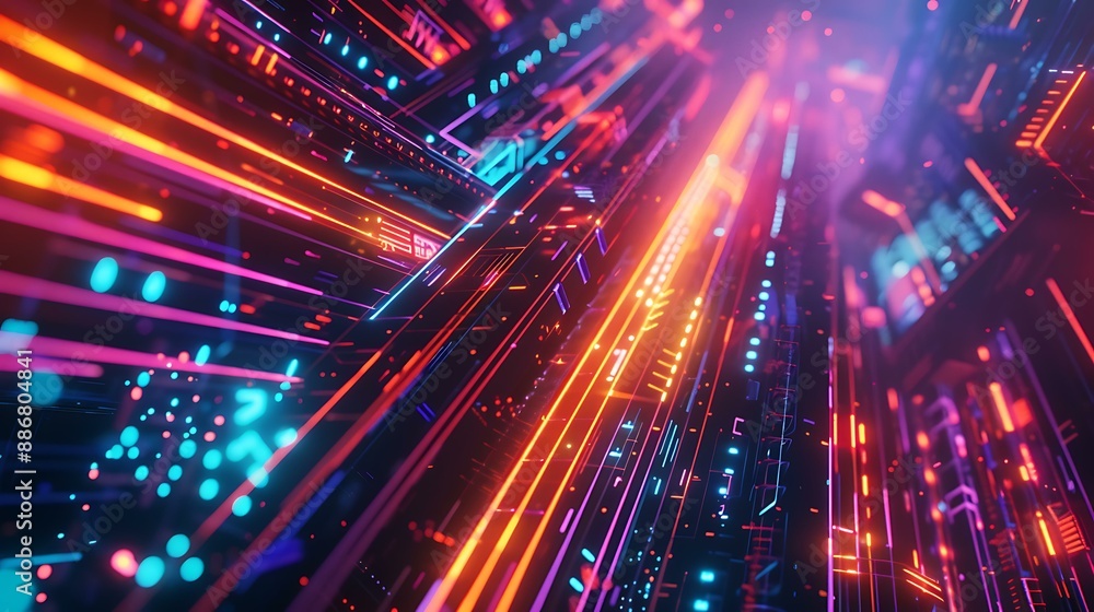 Poster a visually striking illustration of geometric patterns and structures in colorful neon lights, set a
