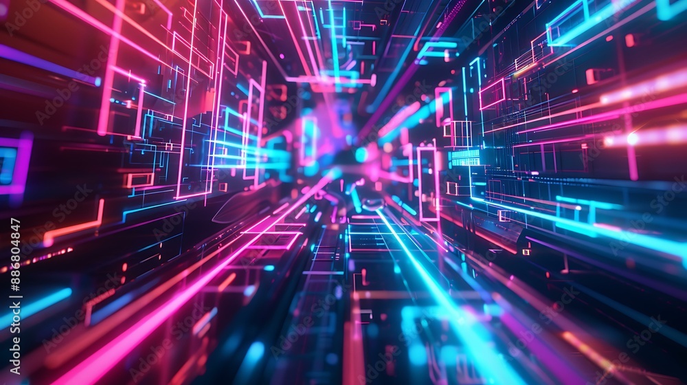 Poster a visually striking illustration of geometric patterns and structures in colorful neon lights, set a