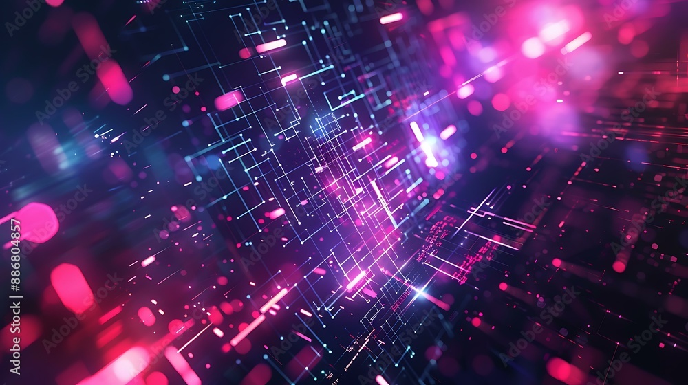 Poster an abstract digital composition with complex geometric shapes and neon lights, creating a vibrant an