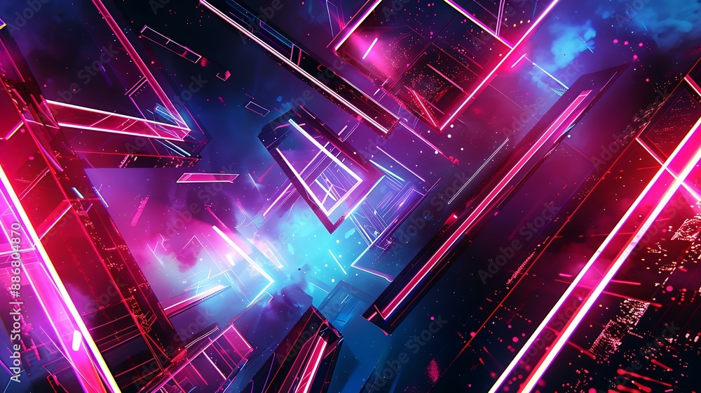 Poster an abstract digital composition with complex geometric shapes and neon lights, creating a vibrant an