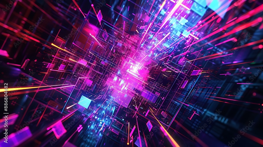 Poster an abstract digital composition with complex geometric shapes and neon lights, creating a vibrant an