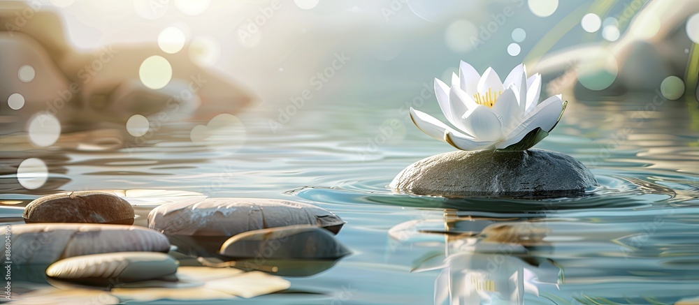Poster lotus flower and stones in water represent zen and meditation; the serene image with copy space evok