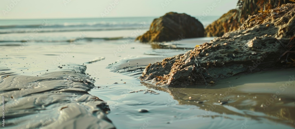 Poster during low tide, beach scenery displays natural textures and design with abundant copy space image.