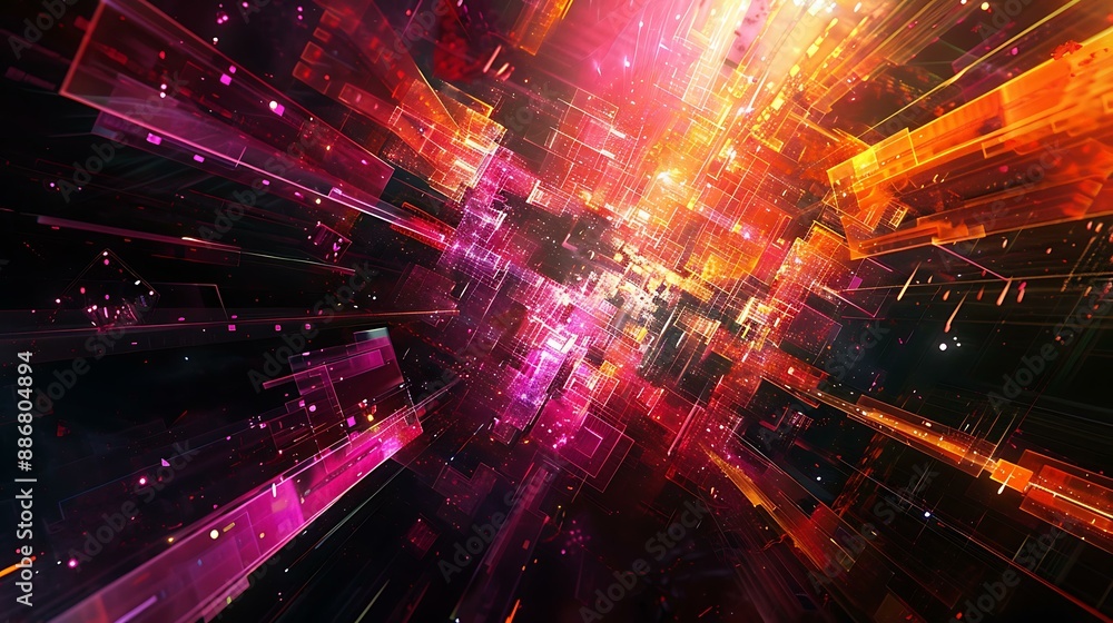 Poster an abstract digital composition with complex geometric shapes and neon lights, creating a vibrant an
