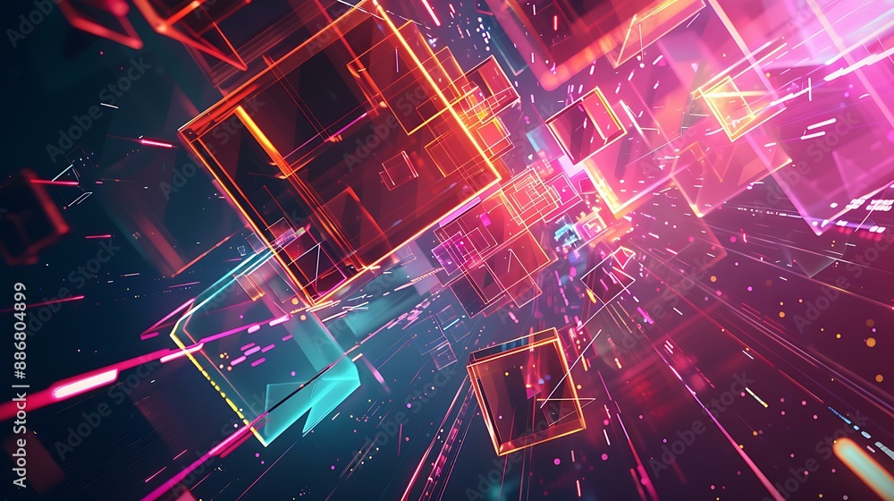 Poster an abstract digital composition with complex geometric shapes and neon lights, creating a vibrant an