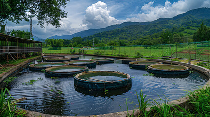 Fototapeta premium Serene Outdoor Fish Farming Setup with Multiple Ponds and Lush Greenery, Copy Space on the Left