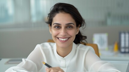 Indian businesswoman smiling while working on financial reports in a sleek office representing corporate expertise and confidence Portrait, Realistic Photo, High resolution, Half-body picture,