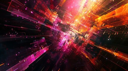 Fototapeta premium An abstract digital composition with complex geometric shapes and neon lights, creating a vibrant and energetic scene in cyberspace against a dark background