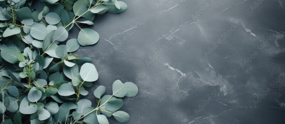 Aufkleber Eucalyptus leaves arranged on a stone surface with a frame crafted from eucalyptus branches in a top-down view, offering copy space within the composition.