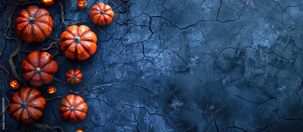 Poster a halloween-themed background with pumpkins on a stone surface seen from above, featuring a blank ar