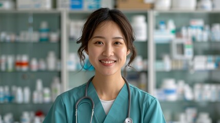 Asian nurse smiling while administering medication in a healthcare facility representing patient care and professional dedication Portrait, Realistic Photo, High resolution, Half-body picture,