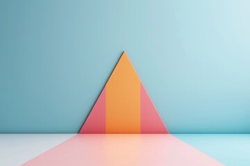 Abstract geometric art featuring a central triangle with shades of orange, pink, and yellow against a blue background.