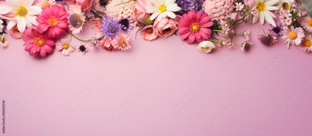 Poster Various beautiful flowers displayed on a pink backdrop in a flat lay composition with an available copy space image.