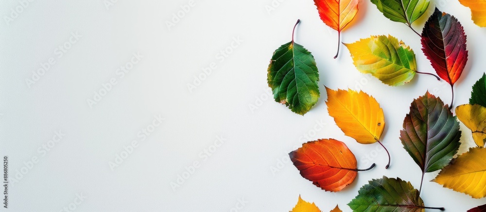 Poster a flat lay image displaying yellow, green, and red autumn leaves on the right side of a white backgr