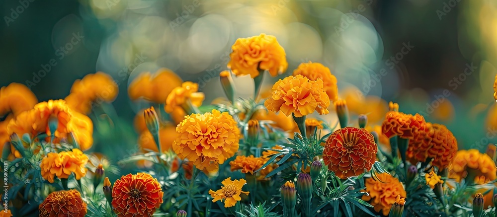 Poster Garden displaying marigold flowers, presenting a vibrant and colorful scene with copy space image.