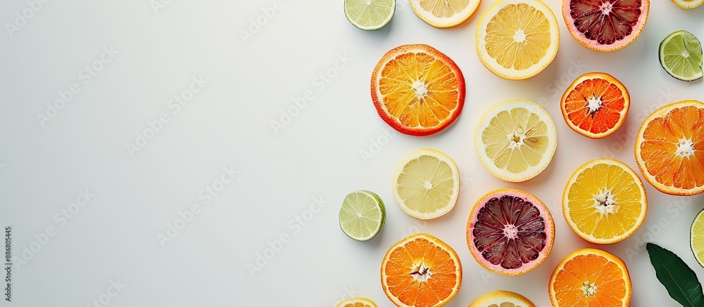 Aufkleber Colorful citrus fruits creatively arranged on a white background in a top view, flat lay style with copy space image
