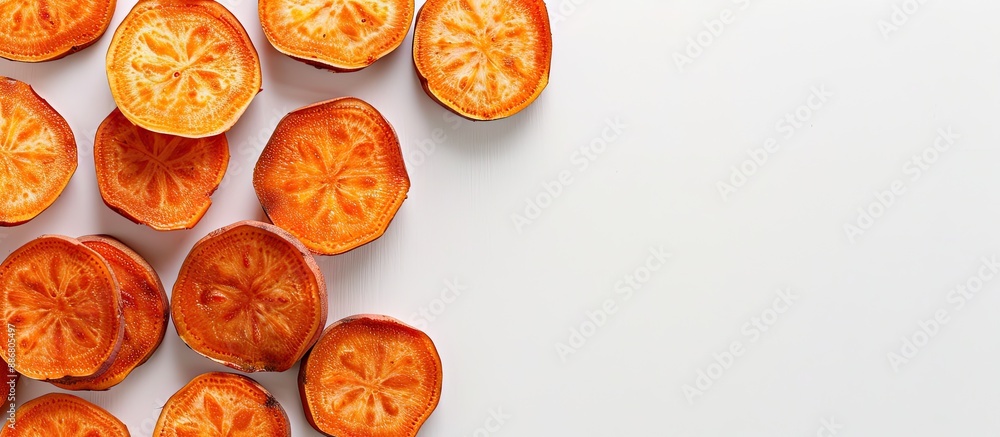 Aufkleber Sweet potato slices arranged on a white backdrop with space for text or graphics, creating a clean and professional copy space image.