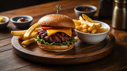 bbq bacon burger with fries served aesthetically in a wooden plate and table