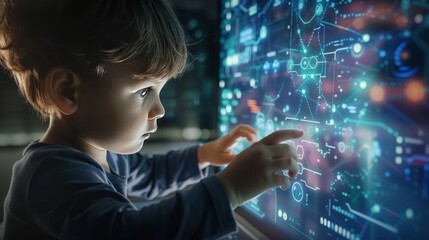 Naklejka premium A young child interacts with a digital interface, showcasing the sharp focus and detail of a 4K UHD image.
