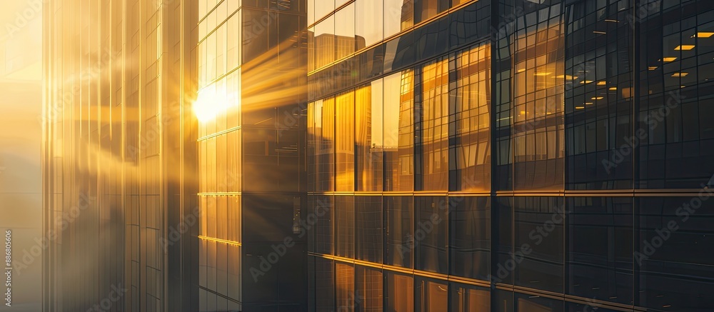 Poster sunset rays illuminating modern building; copy space image.