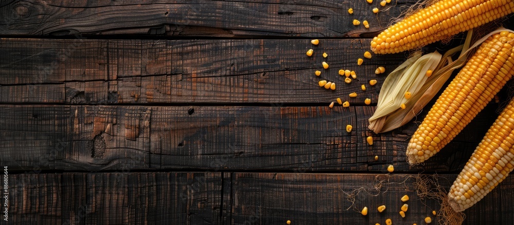 Poster Fresh uncooked maize cobs display on a dark wooden table, with a focus on the grains of ripe corn, creating a top view background shot with ample copy space image.