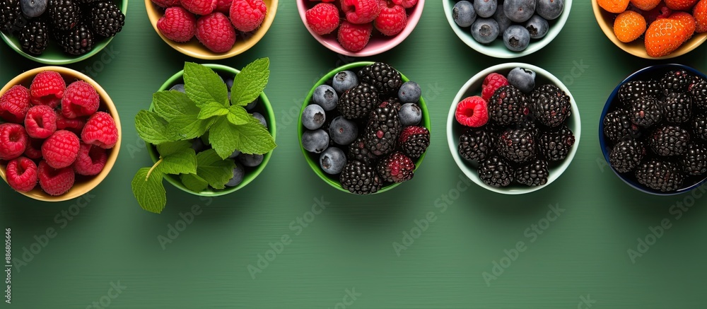 Poster top view of a vibrant assortment of fresh berries in bowls on a green background with copy space ima