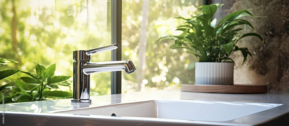 Poster Chrome faucet on bathroom window background with copy space image.