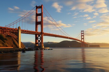 Obraz premium Famous Golden Gate Bridge at sunrise, generative IA