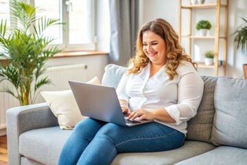 A plus size girl is working with a laptop in her hands in a bright room