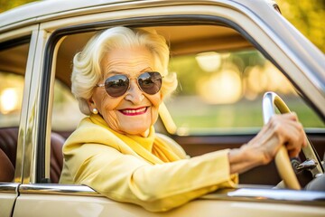 Close-up of a happy elderly woman driving a car