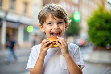 A happy child eats a burger