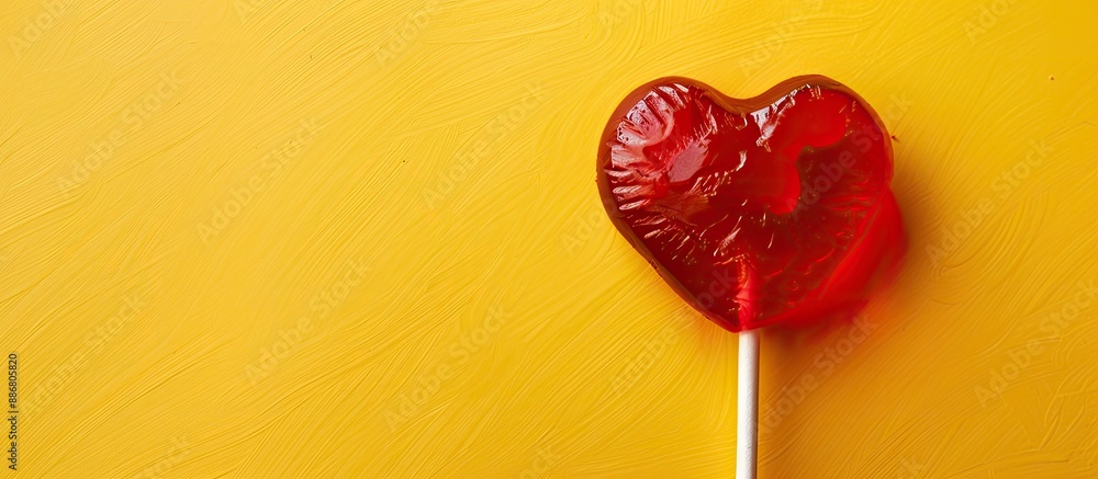 Poster Valentine's heart-shaped lollipop on a yellow backdrop with top view for text in the image.