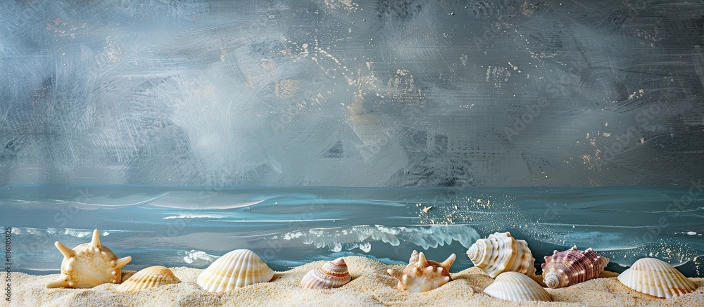Poster A beach-themed setting including seashells on sandy surface with a blackboard in the background for a copy space image.