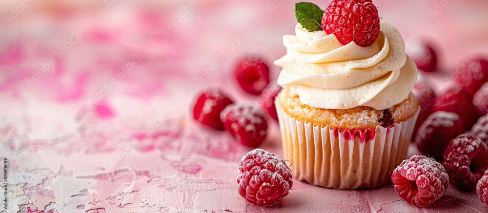 Poster raspberry cupcake on the table, with a close-up view, ideal for designs with copy space image.