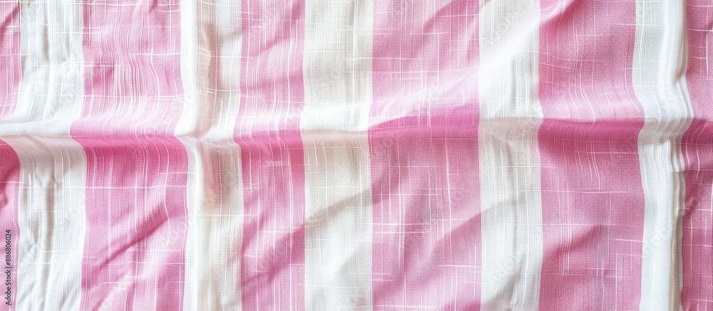 Poster close-up image of a pink and white striped cotton fabric texture, ideal as a background with copy sp