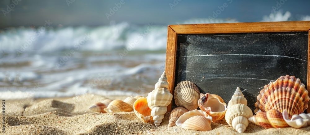 Poster a beach-themed setting including seashells on sandy surface with a blackboard in the background for 