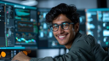 Indian software engineer smiling while developing an app in a tech hub representing creativity and passion for technology Portrait, Realistic Photo, High resolution, Half-body picture, Minimalism,