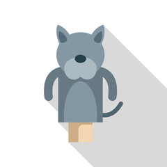 Grey dog hand puppet posing on white background, long shadow design