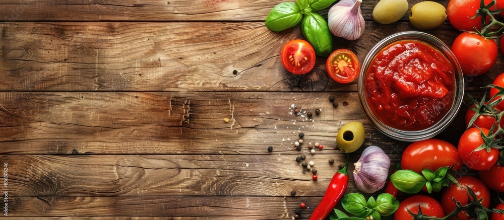 Poster arrange olives, tomatoes, garlic, and ketchup on a wooden background frame for a cooking scene with 